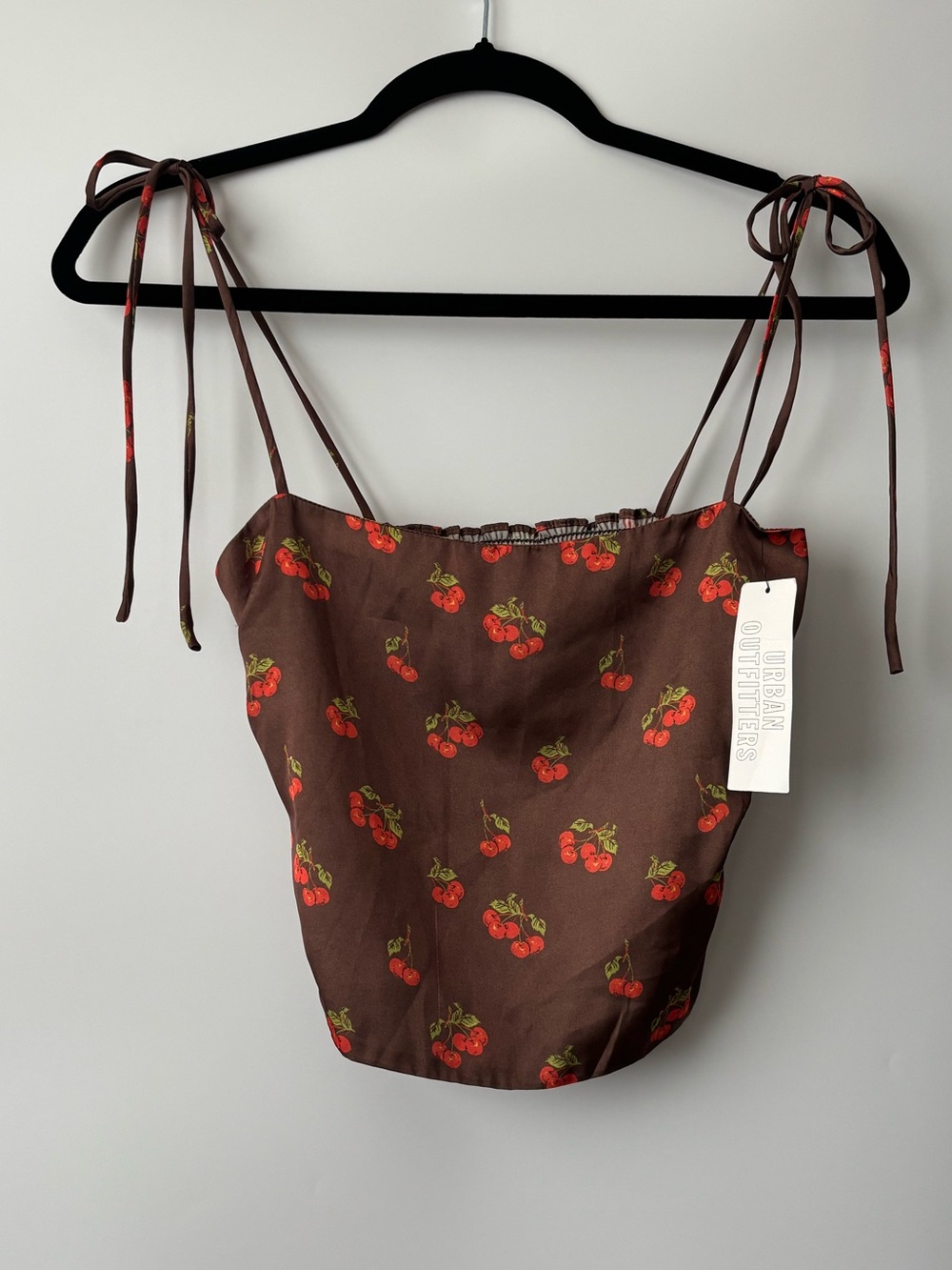 UO NWT Dark Cottagecore Cherry Print Coquette Tie Strap Smocked Crop Top Size XS